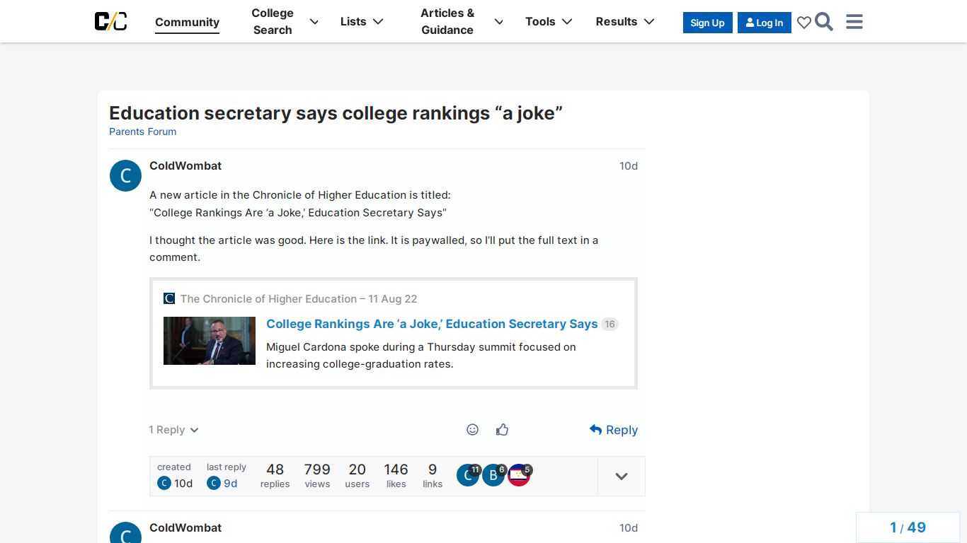 Education secretary says college rankings "a joke" - Parents Forum ...